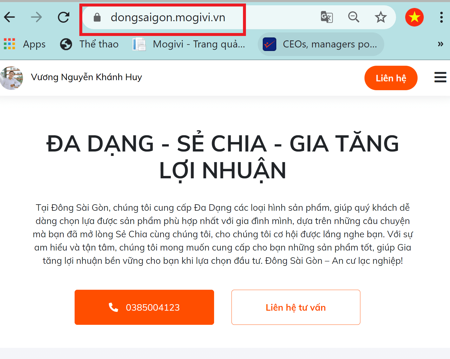 Tên Domain xuất hiện trên trang Landing page