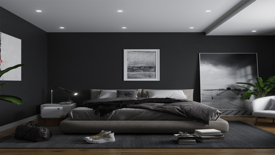 Trang trí phòng ngủ master bạn có thể sử dụng màu nâu đậm và màu đen để ốp tường, trang trí bàn làm việc, tủ đầu giường