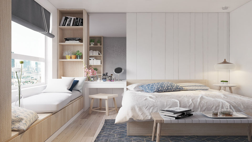 Sử dụng giường ngủ thông minh kết hợp với bàn trang điểm, kệ trang trí để không gian căn phòng được mở rộng.